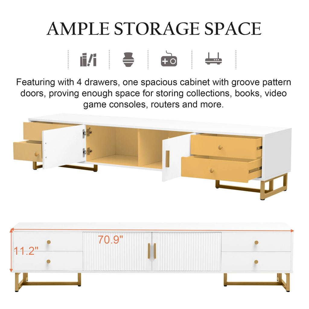 DEALTOPS Stylish TV Stand with 4 Drawers, Spacious Media Console with Metal Legs for TVs Up to 75'', Black