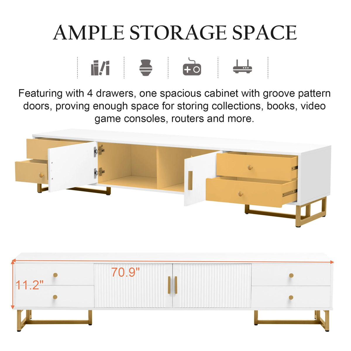 DEALTOPS Stylish TV Stand with 4 Drawers, Spacious Media Console with Metal Legs for TVs Up to 75'', Black