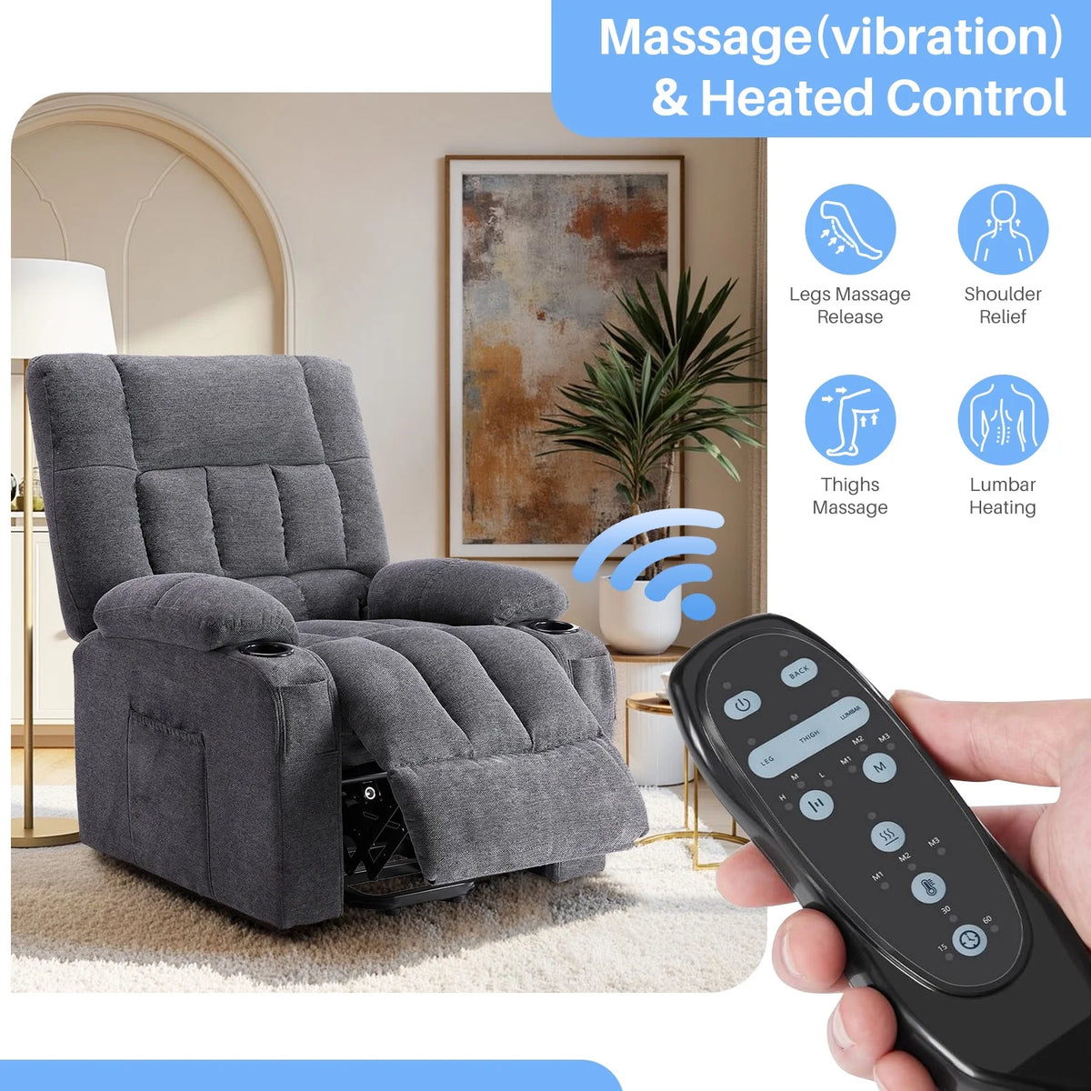 Simenmax Recliner Chair with Massage and Heating, Home Theater Seating with Lumbar Support, Adjustable Electric Power Lift Chairs, Gray