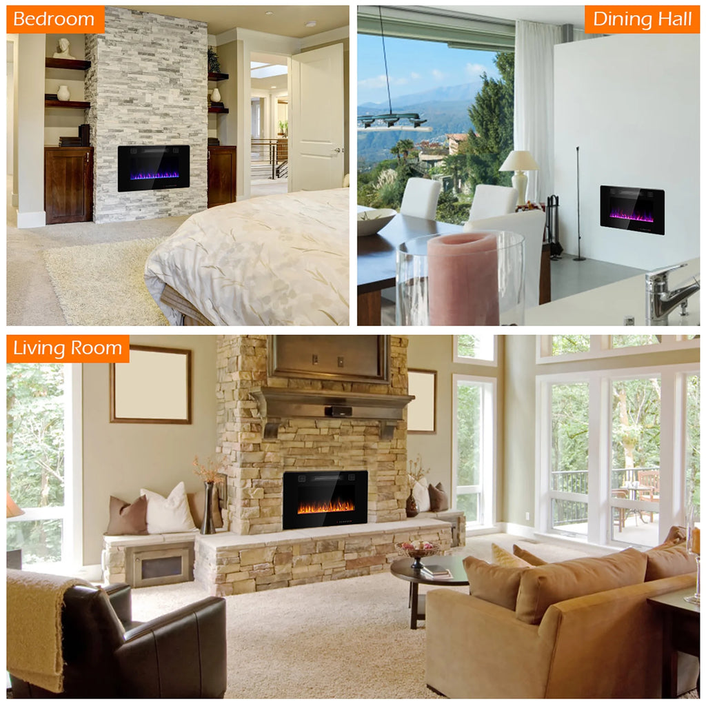 Costway 36'' Electric Fireplace Recessed Ultra Thin Wall-Mounted Heater w/Multicolor Flame