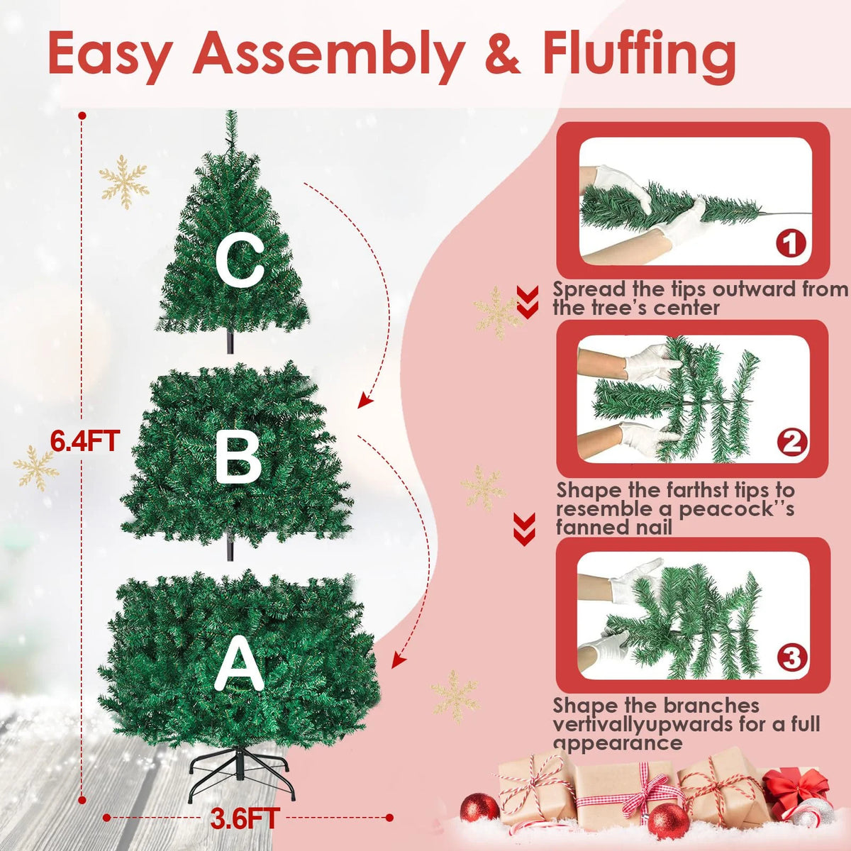 Vebreda 6FT Pre-Lit Artificial Christmas Tree with 300 Warm White LED Lights, Hinged Branch Design, Eco-Friendly PVC Needles & Foldable Metal Stand for Home, Office & Holiday Dcor