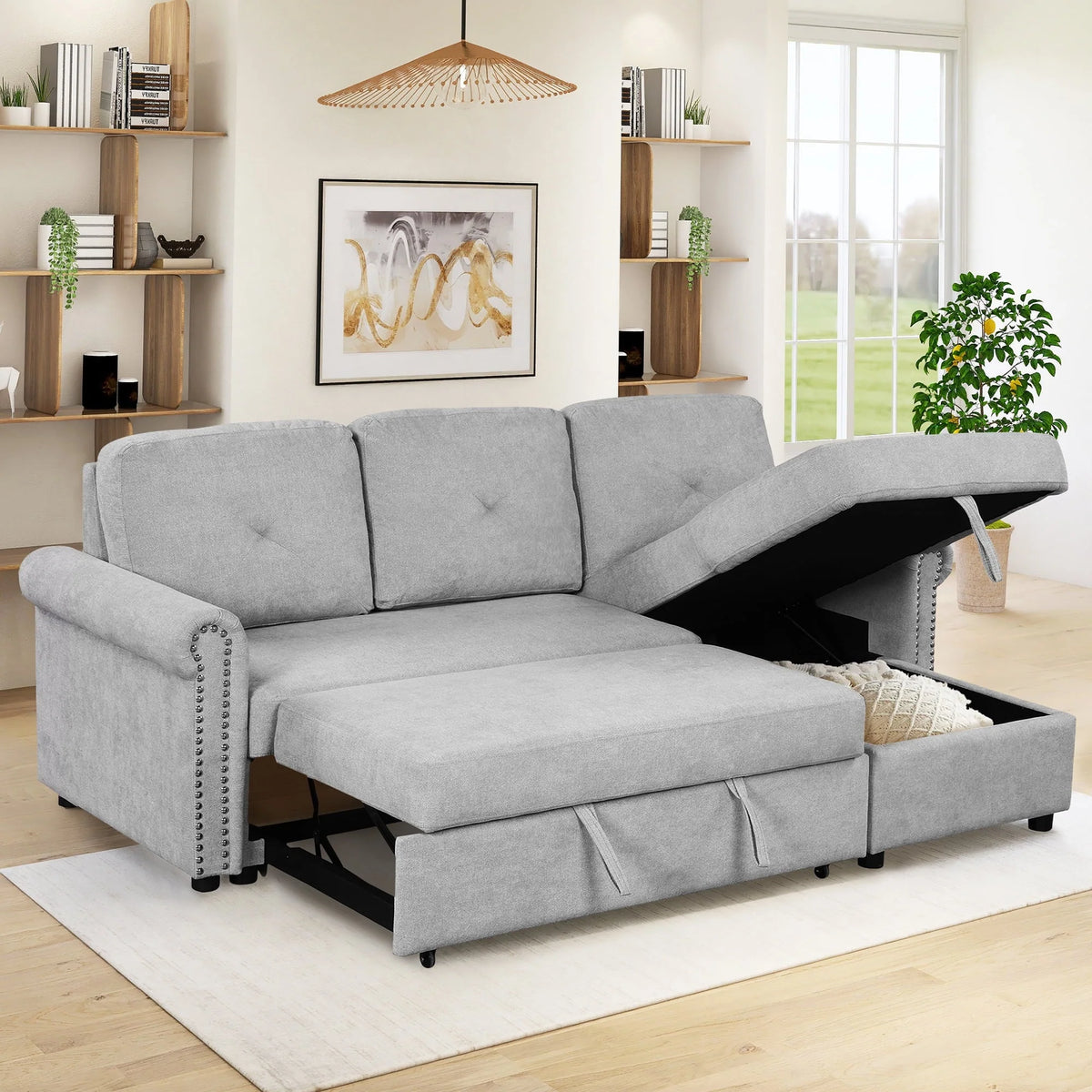 Euroco 83" L Shaped Sofa Bed Modern Convertible Sleeper Sofa Bed with Storage Chaise, Gray