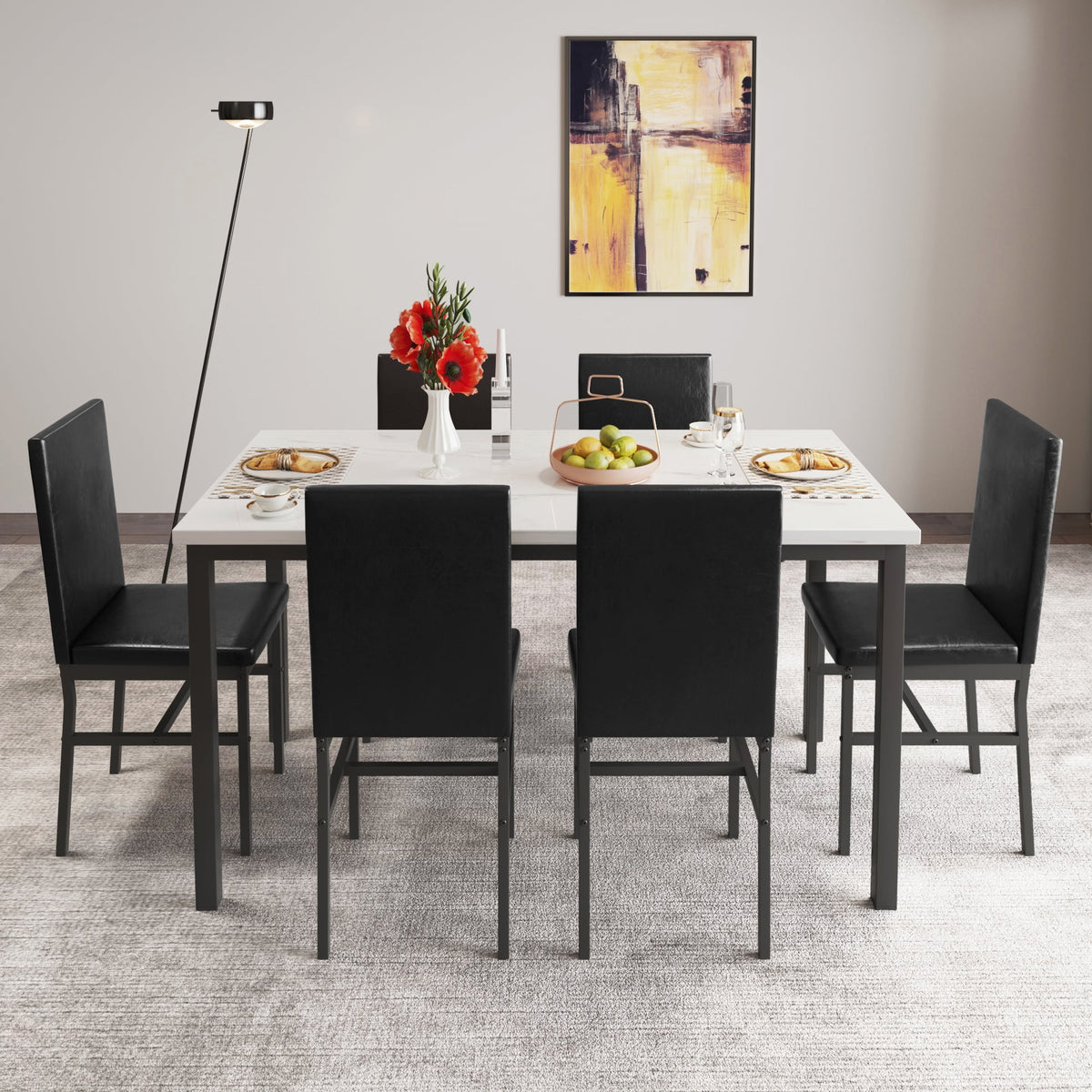 Dining Table with 6 High-back Upholstered Chairs, Modern Dinette Set, Dining Table and Chairs Set for 6 Persons, Small Home Kitchen Dining Table Set, Ideal for Apartment Breakfast Nook Bar, B1470