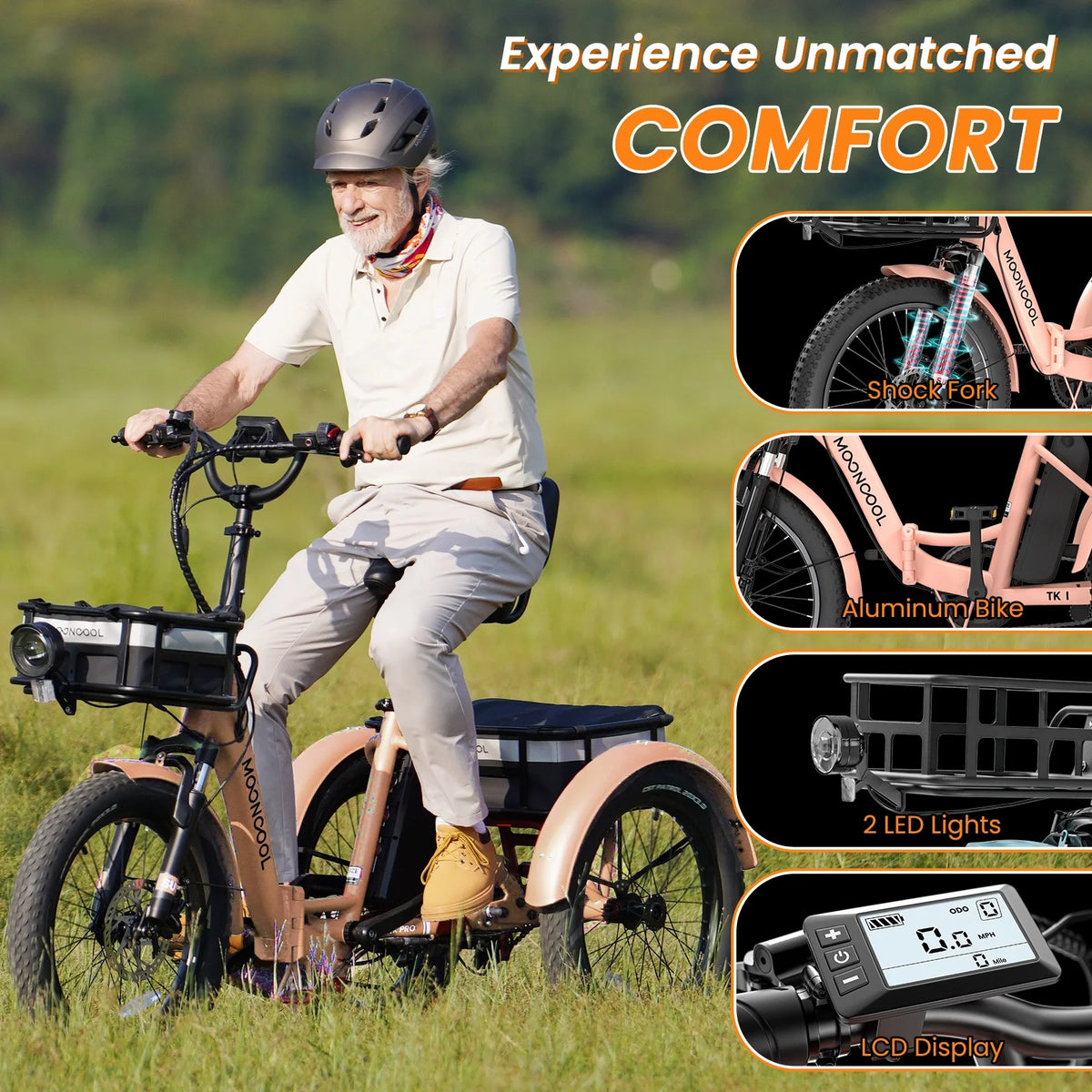 MOONCOOL TK1 Folding Electric Tricycle for Adults,48V 14.5Ah Removable battery, 500W Peak 1000w Motor, 20" Fat Tire Step-Thru 3Wheel Electric Bicycle w/Front&Rear Baskets, Certified to UL 2849 by SGS
