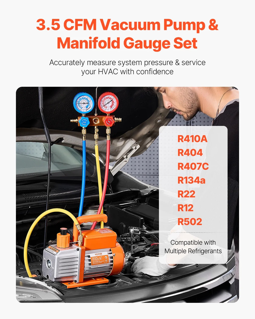 VEVOR 3.5 CFM AC Vacuum Pump and Gauge Set,Single Stage Rotary Vane HVAC Air Vacuum Pump,A/C&nbsp;Refrigerant&nbsp;Manifold Gauge Kit, with Hoses,for R134a,R12,R22,R502a,R410A,R404,R407C Refrigerants