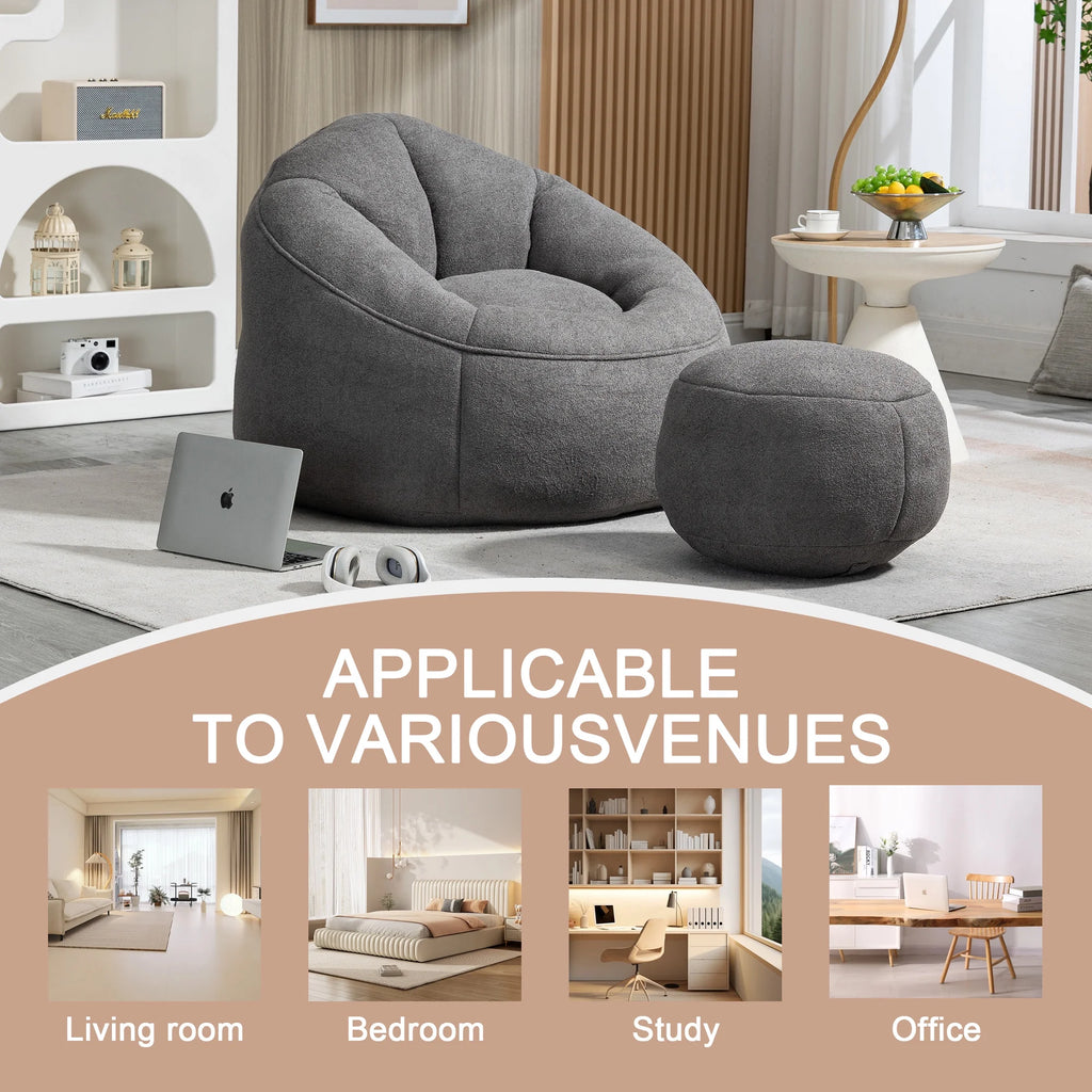 MOONMISS Microfiber Upholstered High Pressure Foam Round Lazy Bean Bag Sofa Chair with Ottoman-Gray