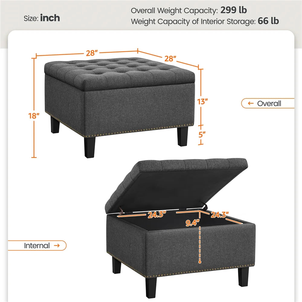 Alden Design Modern Linen-like Storage Ottoman Bench with Button-Tufted for Entryway, Dark Gray