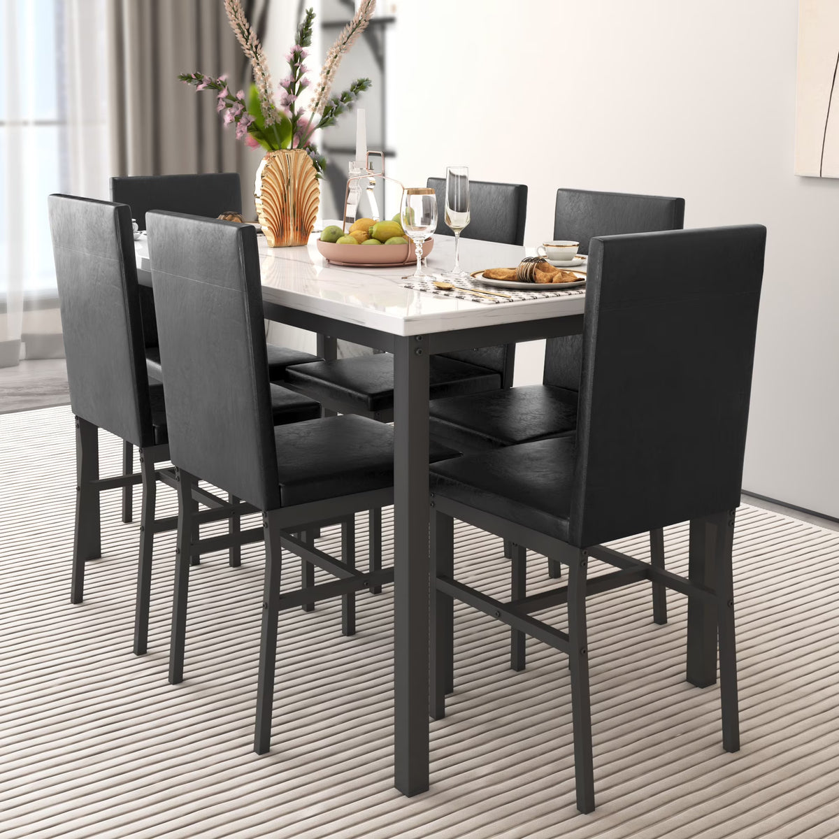 Dining Table with 6 High-back Upholstered Chairs, Modern Dinette Set, Dining Table and Chairs Set for 6 Persons, Small Home Kitchen Dining Table Set, Ideal for Apartment Breakfast Nook Bar, B1470