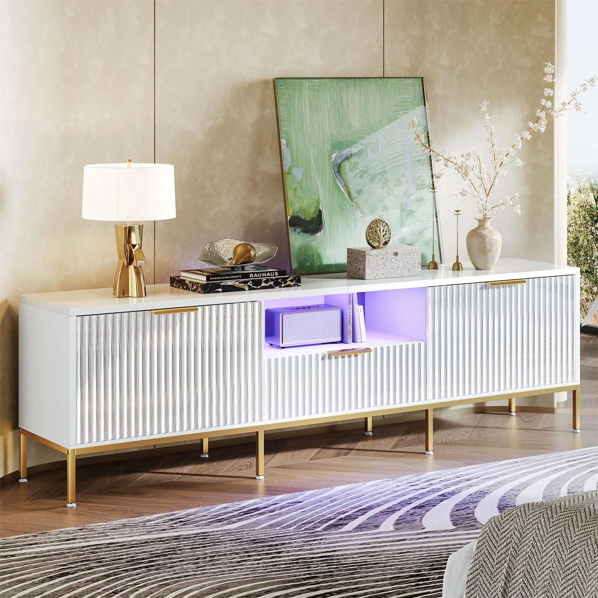 Bestier 55" LED TV Stand for TVs up to 60" Modern High Gloss Entertainment Center with Drawers Cabinets Fluted TV Console, White & Gold