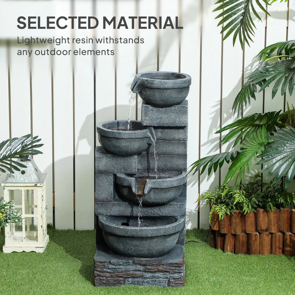 Outsunny 30" Outdoor Fountain with Lights, 4-Tier Resin Cascading Water Bowls Garden Fountain with Pump, Gray