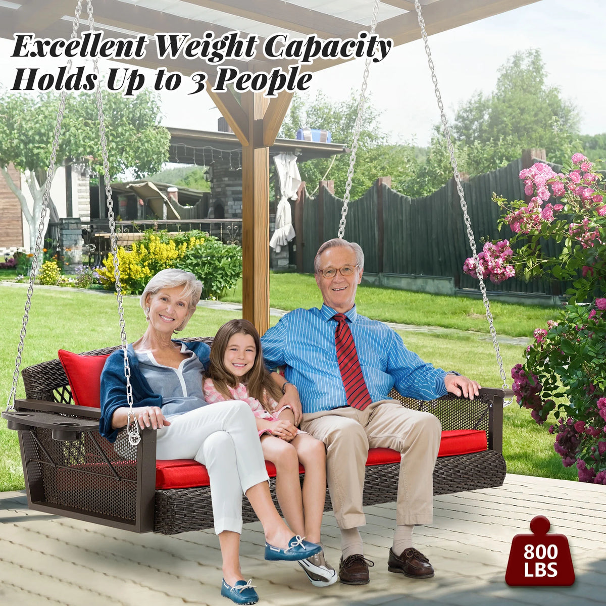 Homrest 3-Person Porch Swing 55in Wicker Hanging Swing Bench with Cushions and Cupholders for Deck, Garden and Backyard, Beige