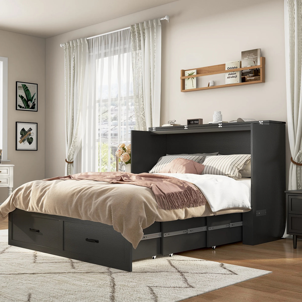 ANPOO Full Size Murphy Chest Bed with Drawer and Power Outlets, Farmhouse Wood Hidden Folding Bed Chest w/2 Storage Drawers, Multifunctional Storage Cabinet Bed for Bedroom,White
