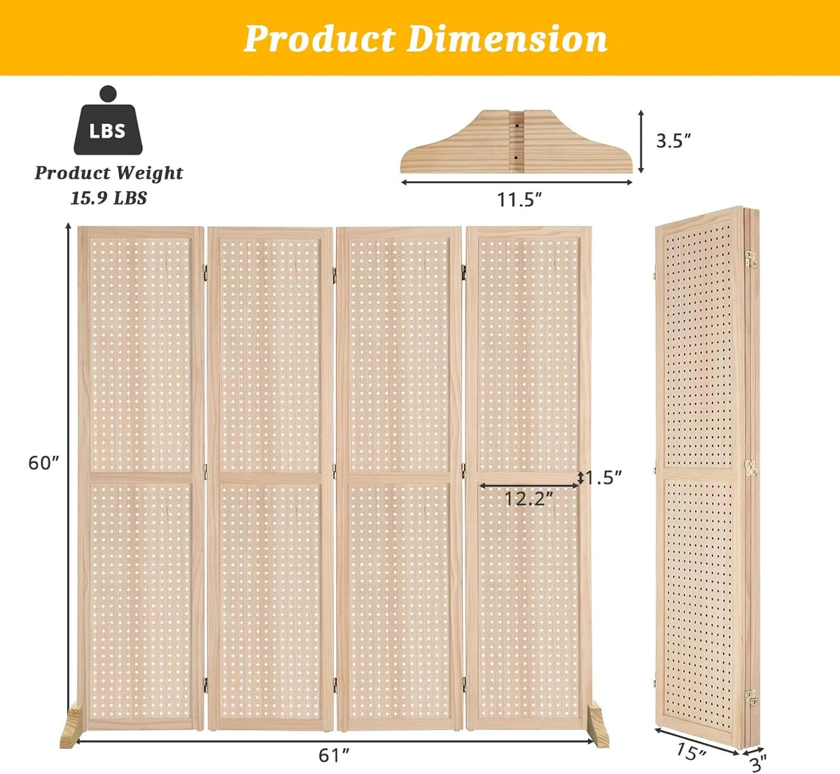 Bonnlo 4 Panel Pegboard Freestanding, 5 FT Portable Display for Craft Show Jewelry, Wooden Folding Room Divider