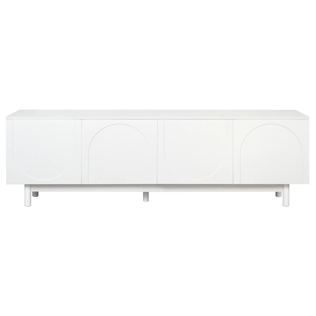 71" Graceful TV Stand with Arch Cabinets Minimalist Media Console for 78" TVs, White Entertainment Center with Solid Wood Legs & Adjustable Shelves
