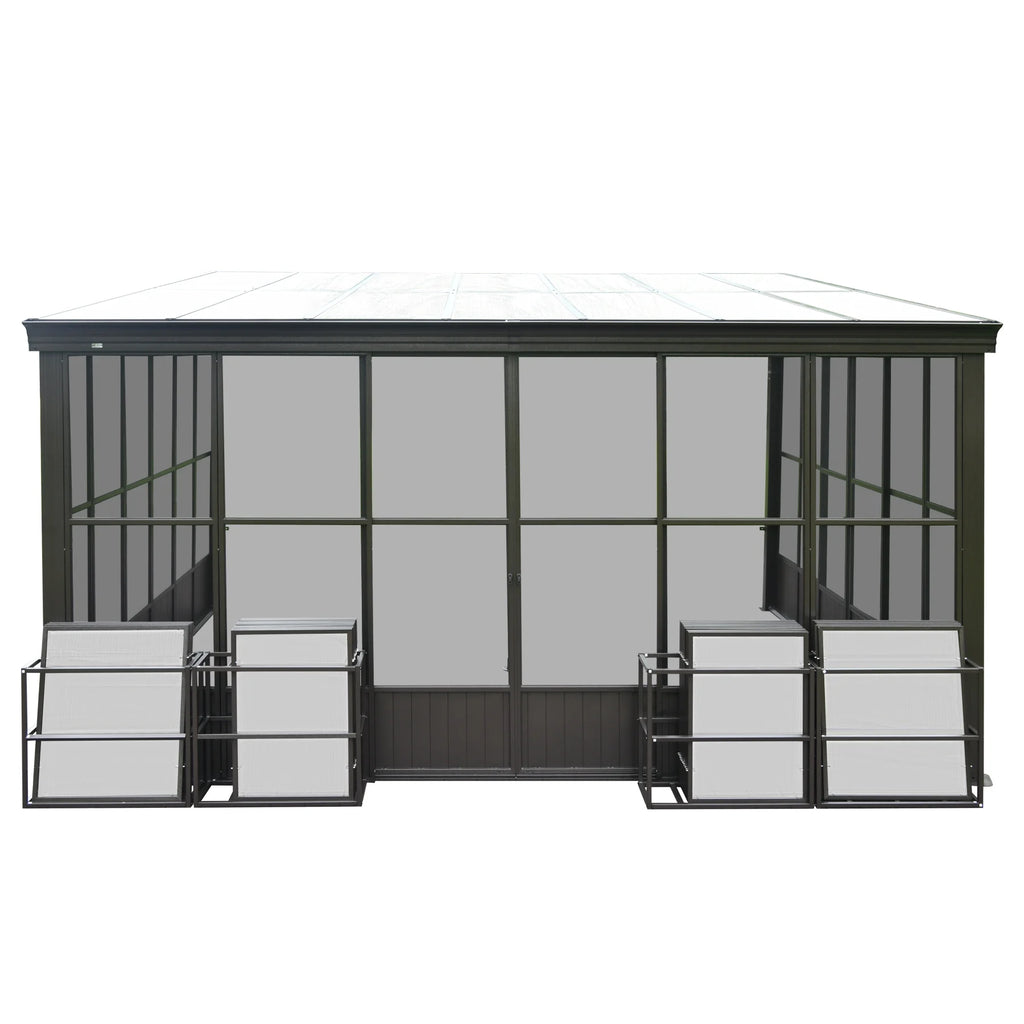 TOTAL Outdoor 10'x12' All-Season Sunroom Gazebo with Steel Roof, PVC Screen, Front & Side Door, Brown
