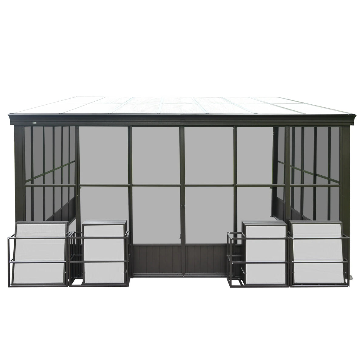 TOTAL Outdoor 10'x12' All-Season Sunroom Gazebo with Steel Roof, PVC Screen, Front & Side Door, Brown