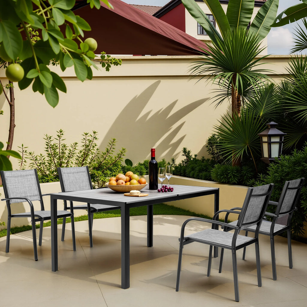 7 Piece Outdoor Dining Set, Patio Dining Table Set for 6 Persons, Garden Patio Textilene Dining Furniture Set with Plastic-Wood Tabletop, Dining Table Chairs Conversation Set for Deck Patio