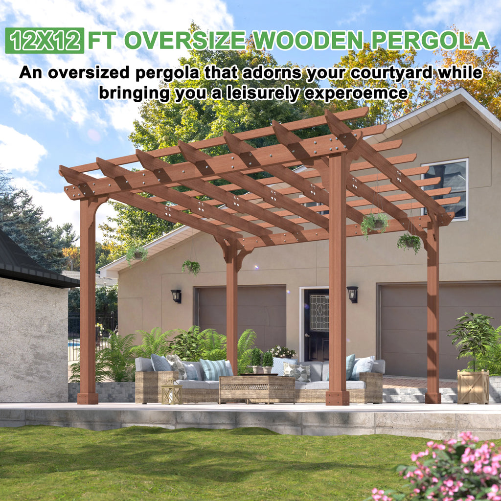 VEIKOUS 12'x10' Cedar Wood Pergola w/ Flat Roof and Ground Stakes for Outdoor Patio, Garden, Deck