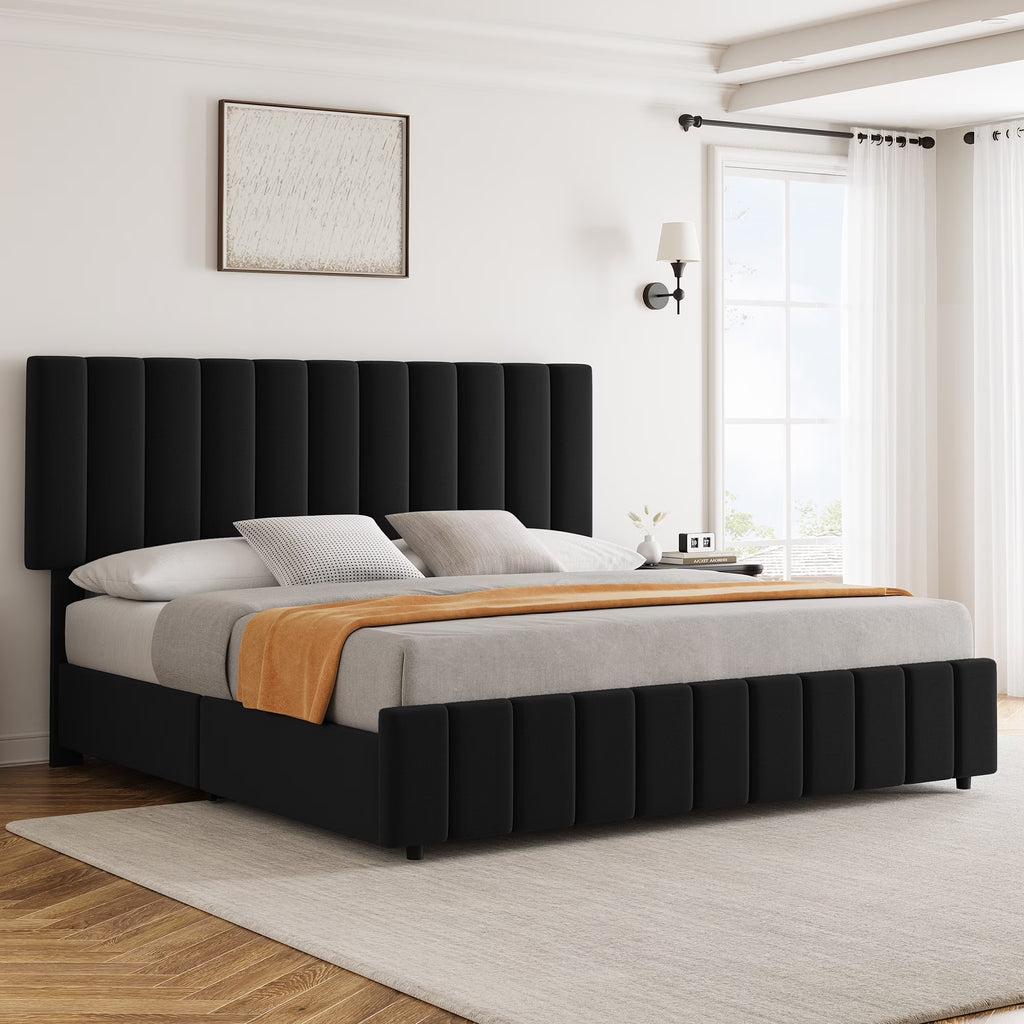 Full Size Bed Frame with 4 Storage Drawers and Adjustable Headboard, Linen Upholstered Platform Bed Frame with Wooden Slats Support, No Box Spring Needed, Dark Grey