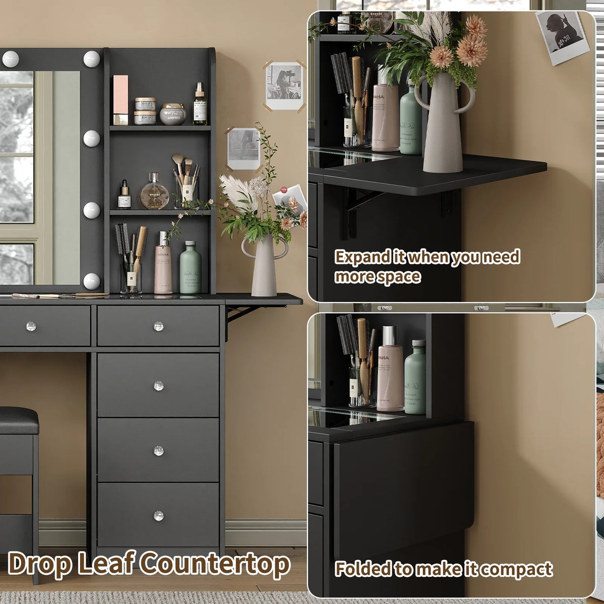 Yanosaku Vanity With Power Outlet, Vanity Desk With Mirror And 10 LED Lights, 10 Drawers Makeup Vanity With 6 Shelves, Fold-Up Panel, Vanity Table With Chair For Bedroom