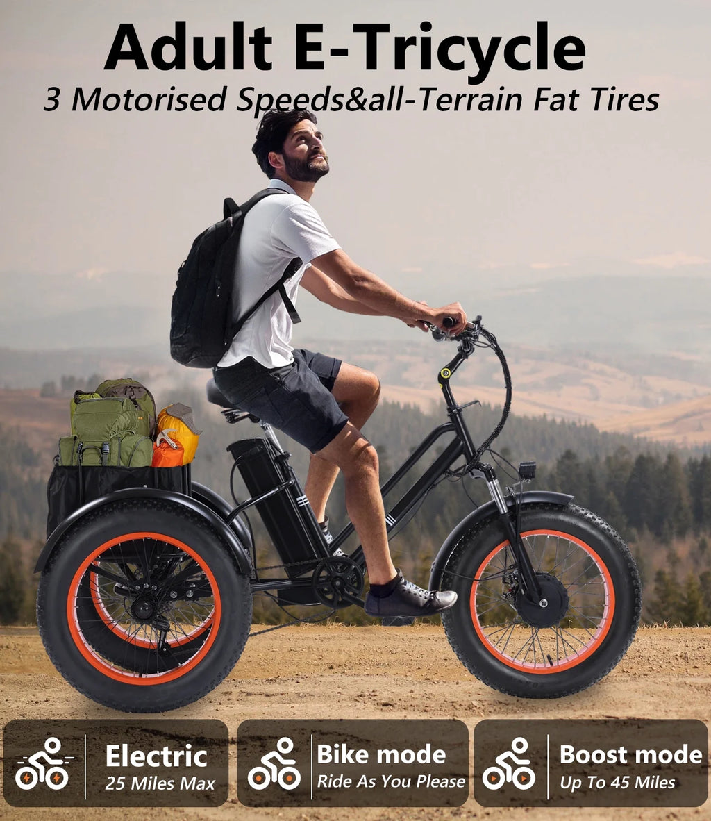 YEBEI Electric Tricycle for Adults Folding E-Trike Motorized Tricycle Electric 3 Wheels Trike Powerful 500W Motor Electric Tricycle 48V15AH Lithium Battery Max 20MPH 20*4.0 Fat Tire Orange