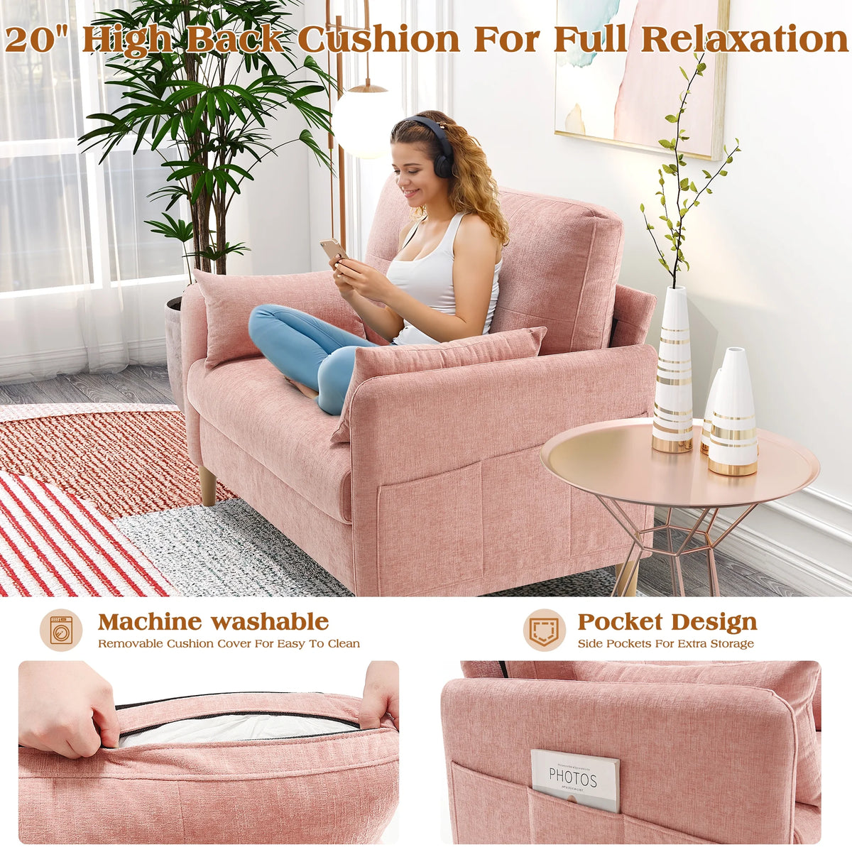 BedLuxury 47'' Wide LoveSeat, 2-seat Chenille sofa with 2 Pillows for Living Room and Small Spaces, Dark Grey