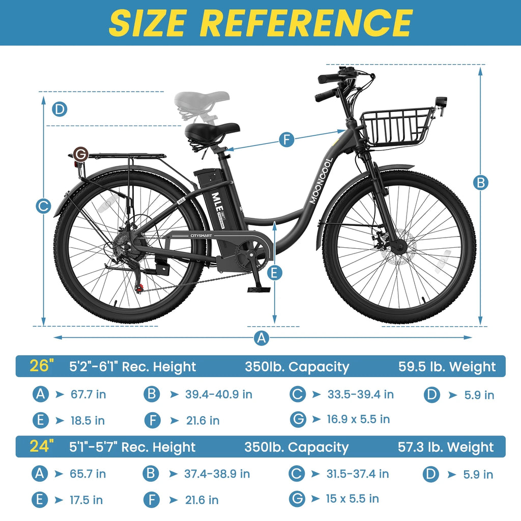 MOONCOOL Electric Bicycle for Adults 350W , 7-Speed Ebike with 36V 10.4Ah Removable Battery 40 Miles Range , 20 mph Electric Commuter Bike for Women Men, Certified to UL 2849 by SGS