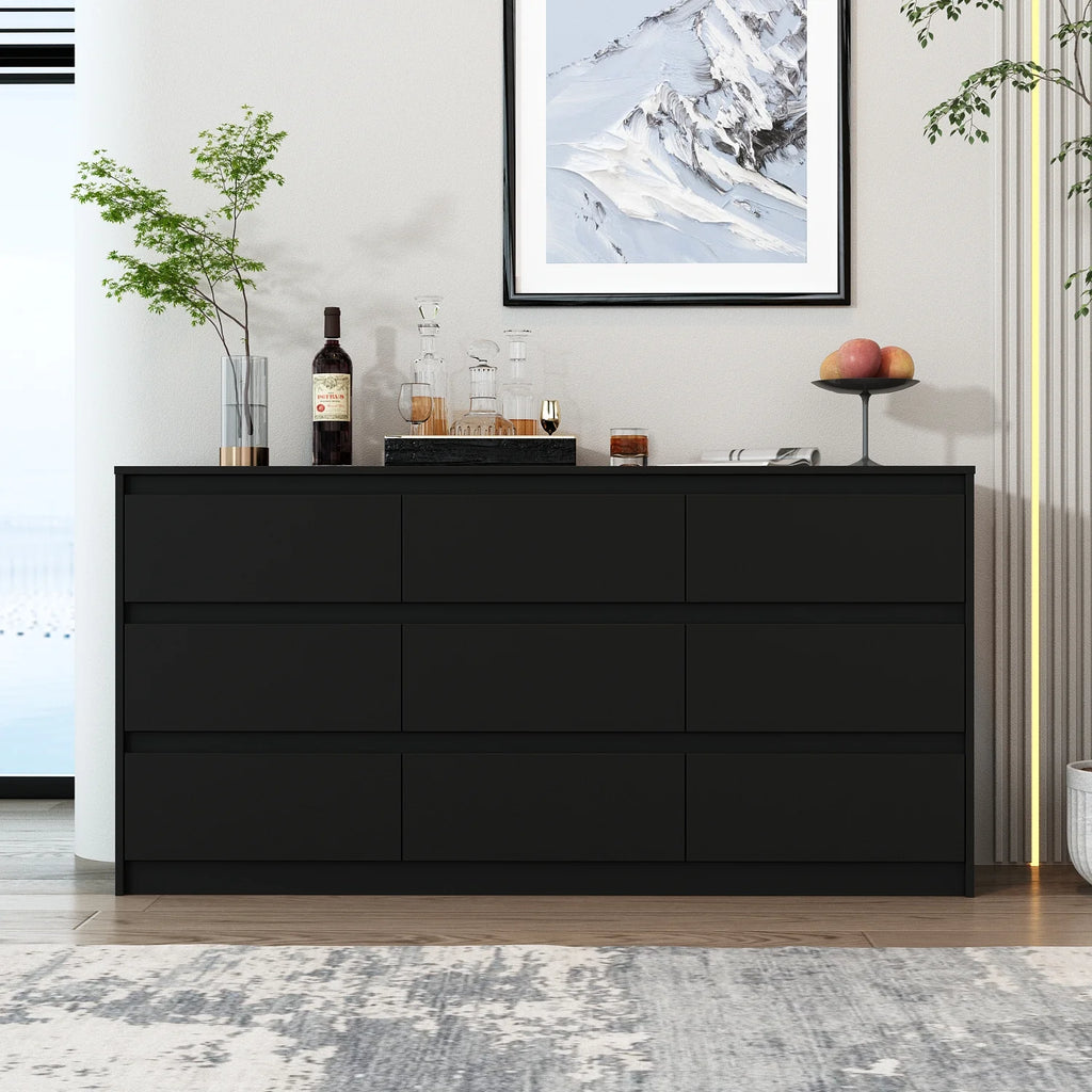 KULAGAGA 9 Drawer Dresser Chest of Drawers, 63 Wide Dressers, Modern Wood Drawer Chest Storage Organizer, No Handle Design for Bedroom Living Room Hallway, White