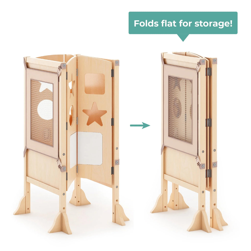 Guidecraft Classic Kitchen Helper Kids' Step Stool - Natural: Foldable and Adjustable Wooden Toddler Tower for Learning with Keeper