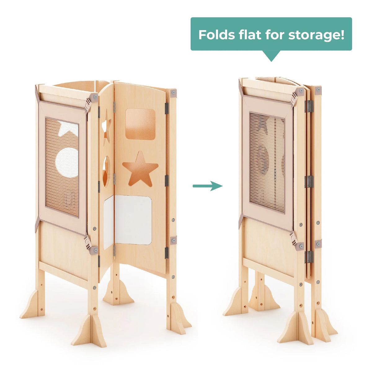 Guidecraft Classic Kitchen Helper Kids' Step Stool - Natural: Foldable and Adjustable Wooden Toddler Tower for Learning with Keeper