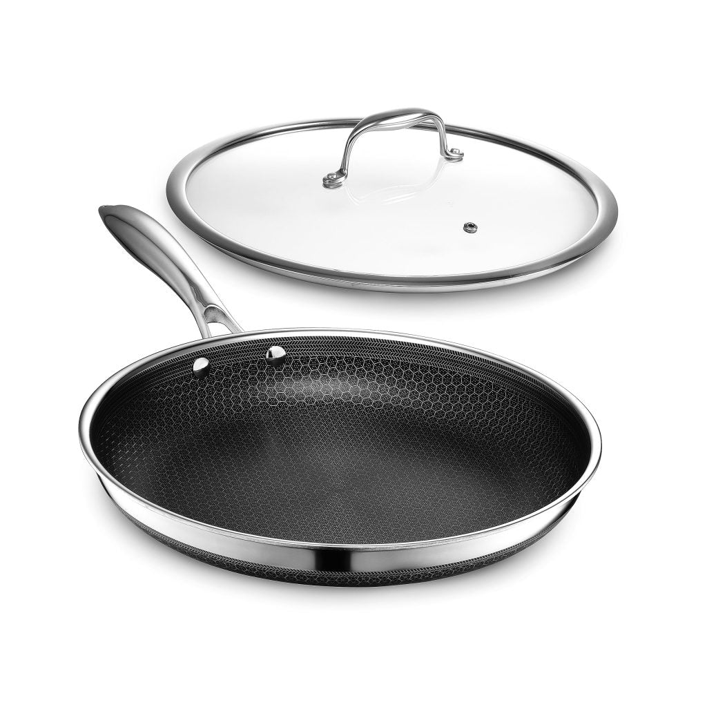 HexClad 12-Inch Hybrid Nonstick Fry Pan with Glass Lid, Oven & Dishwasher Safe, Silver