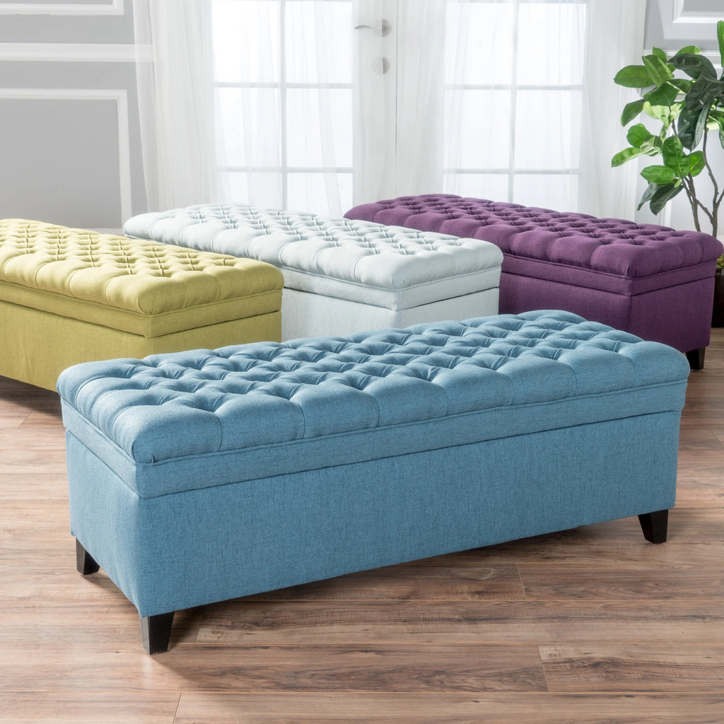 Noble House Hampton Contemporary Fabric Upholstered Storage Ottoman, White and Blue Floral
