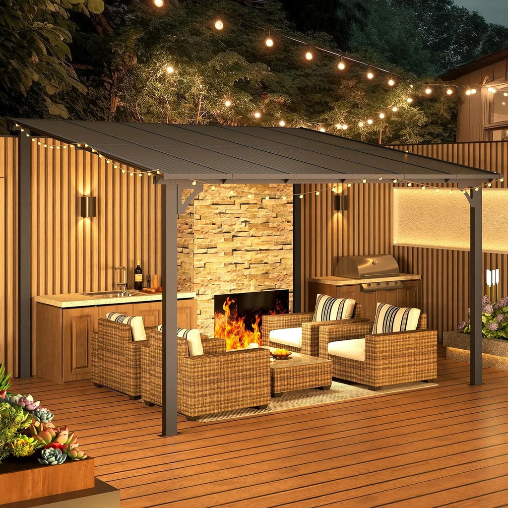12' x 14' Outdoor Pergola Gazebo, Wall-Mounted Lean to Metal Awnings Gazebos on Clearance for Patio, Large Panel Roof Pergolas and Gazebo for Outdoor Use