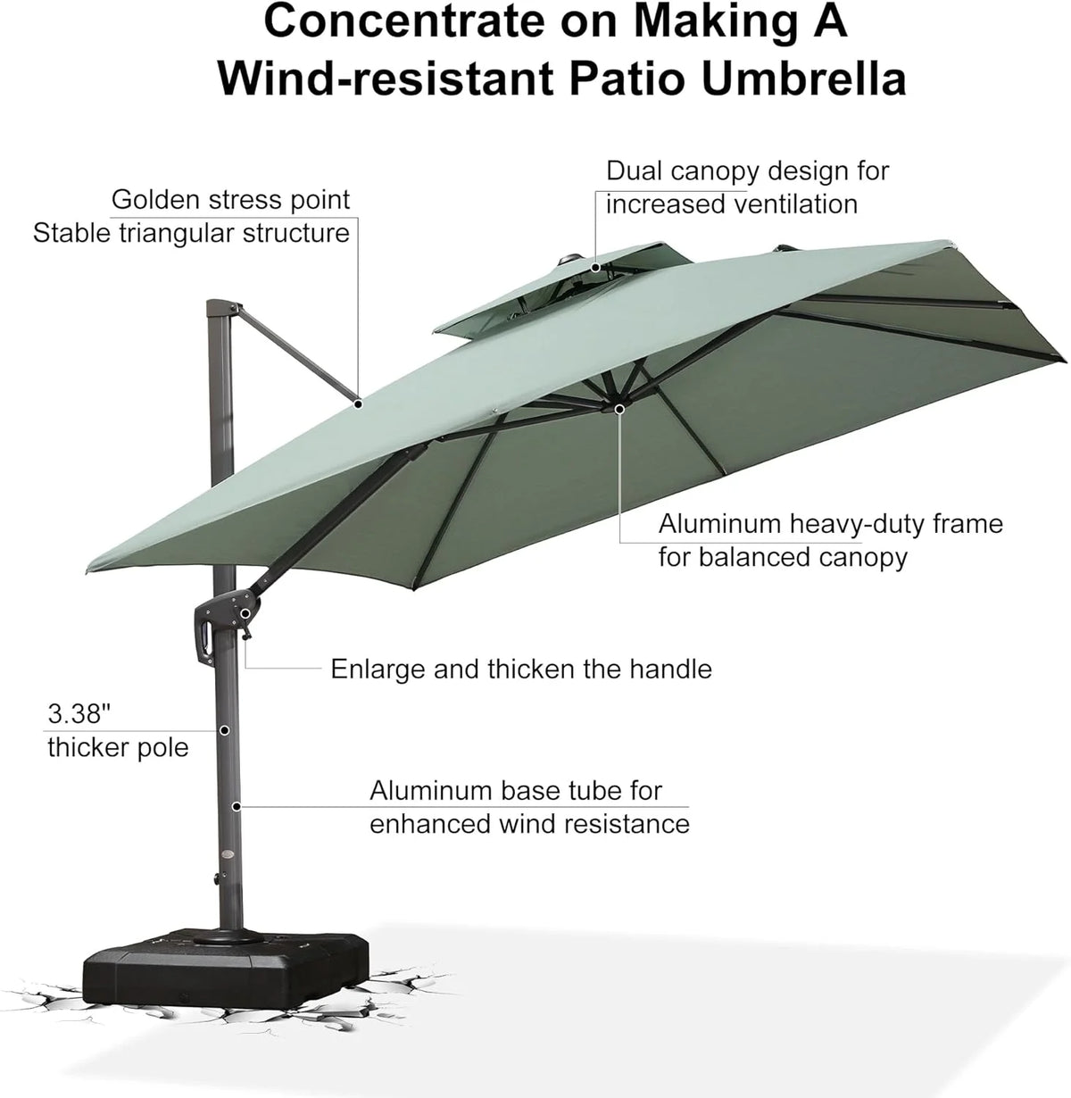 PURPLE LEAF Outdoor Cantilever Umbrella 10' X 13' Rectangle Umbrella Large Patio Umbrella Windproof Heavy Duty Hanging Offset Umbrella for Garden Outdoor Pool, Dark Grey