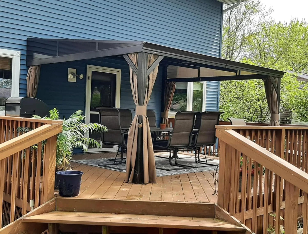 Domi Outdoor Living 10' x 12' Hardtop Lean-to Gazebo, Wall-Mounted with Galvanized Steel Roof Wall Pergola with Aluminum Frame, Curtains and Netting, for Patio, Deck, Garden, Backyard