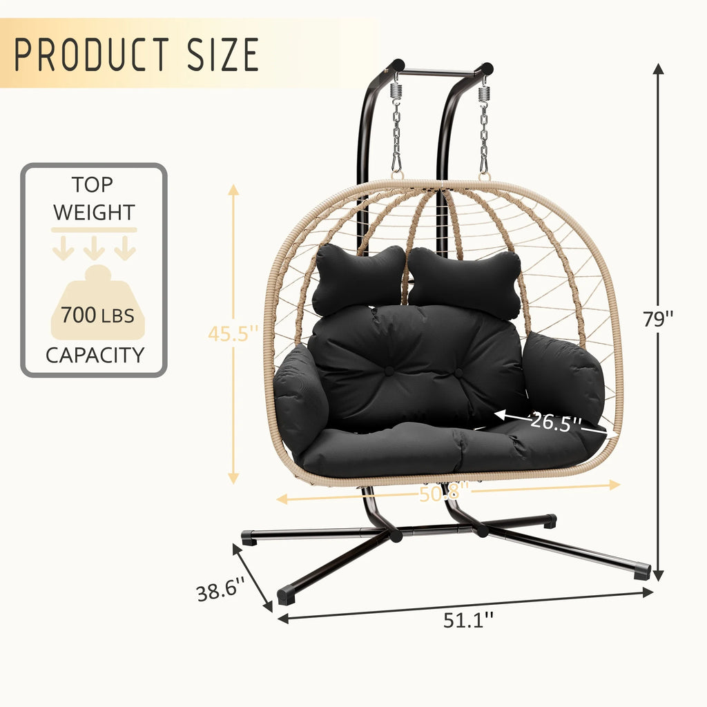 Bifanuo Double Wicker Swing Egg Chair Hammock Foldable Hanging Loveseat with Stand, UV Resistant Removable Cushions, 700LBS Capacity for Bedroom, Balcony (Black and Beige)