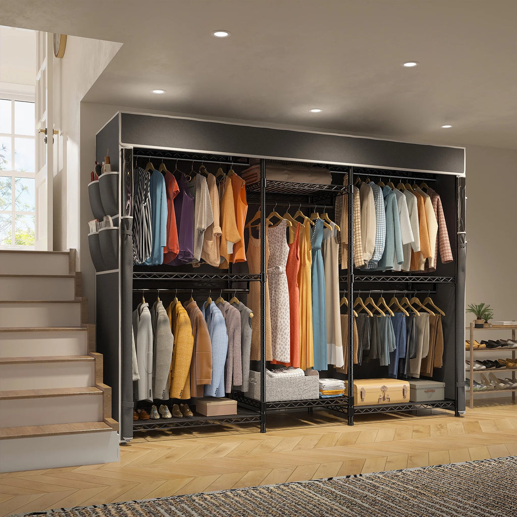 Heavy Duty Clothes Rack with Cover Loads 900LBS, Clothing Racks for Hanging Clothes, Freestanding& Adjustable Closet with Cover, Black, 74.9" Wx17.8 Dx76.9 H