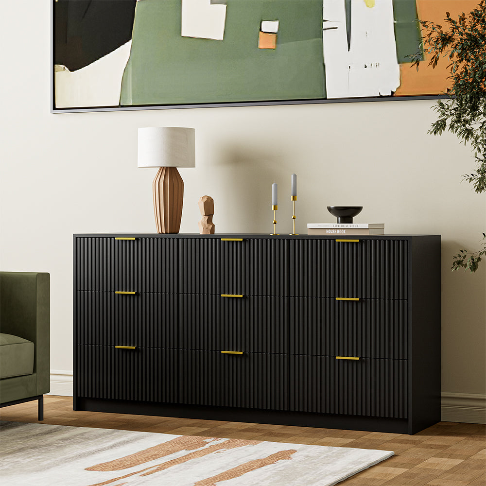 Furniway Fluted Large 9-Drawer Black Dresser