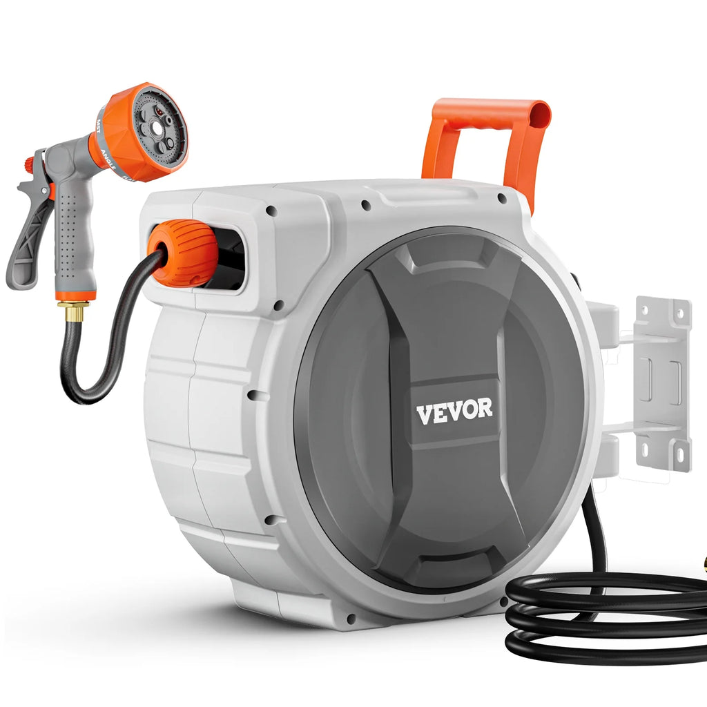 VEVOR Retractable Garden Hose Reel, 1/2 Inch x 145 ft Wall Mounted Hose Reel, Heavy Duty Garden Hose Reel with 9 Patterns Nozzle, Any Length Lock, Upgraded Slow Return System and 180 Swivel Bracket