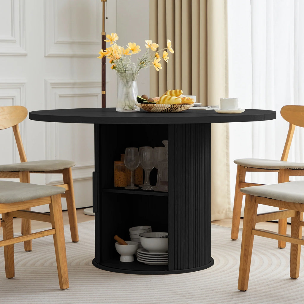 Wirrytor Round Dining Table, Modern Farmhouse Kitchen Table, 47 Inch Coffee Circle Dining Tables with Wood Strip Base for Kitchen Living Room, Black