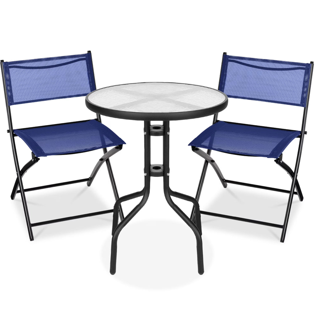 Best Choice Products 3-Piece Patio Bistro Dining Furniture Set w/ Glass Tabletop, Folding Chairs - Gray
