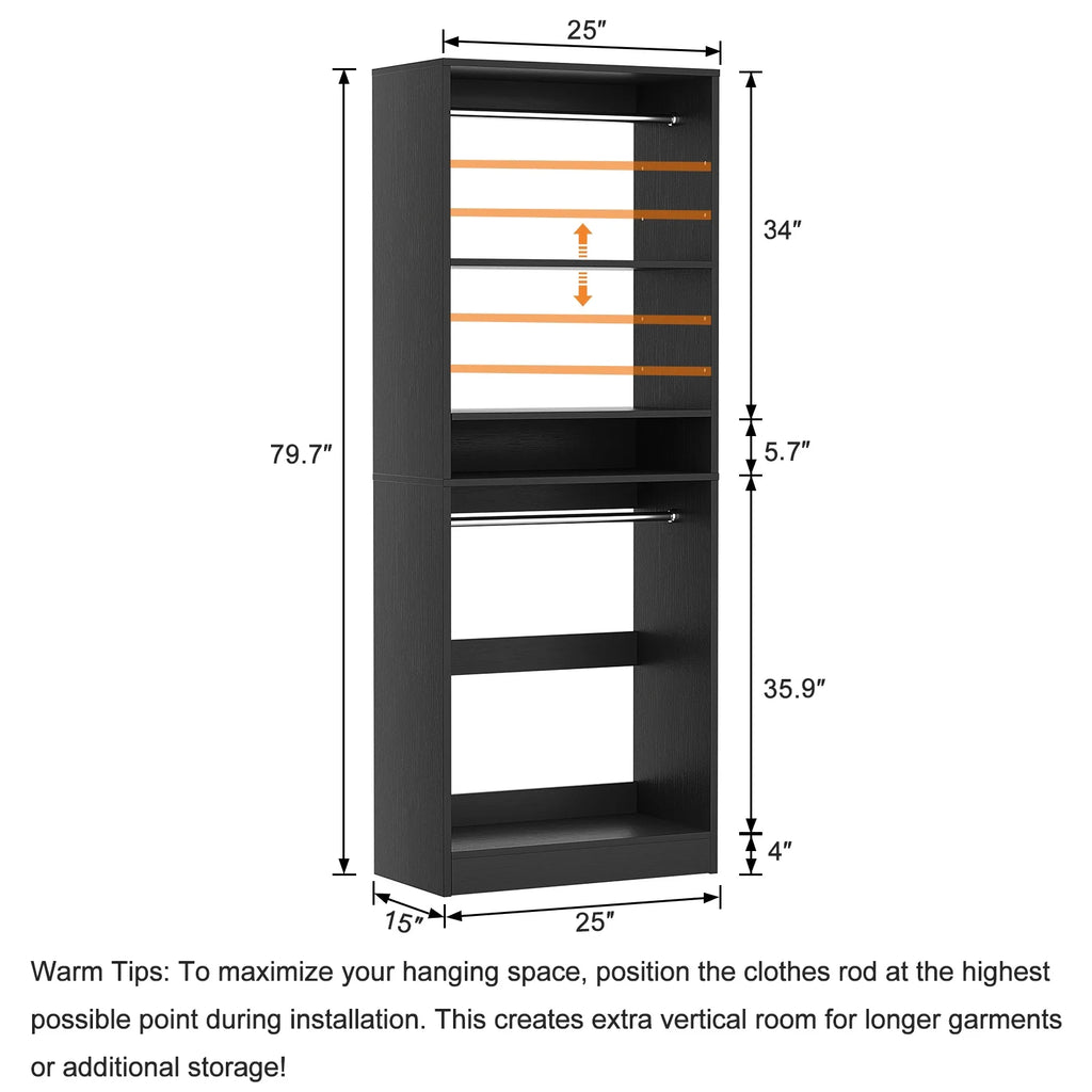 Homieasy 25 Closet System, Freestanding Closet Organizer Wardrobe with Hanging Rods and Shelves, Adjustable Clothes Garment Rack, Sturdy Walk in Closet Tower, White