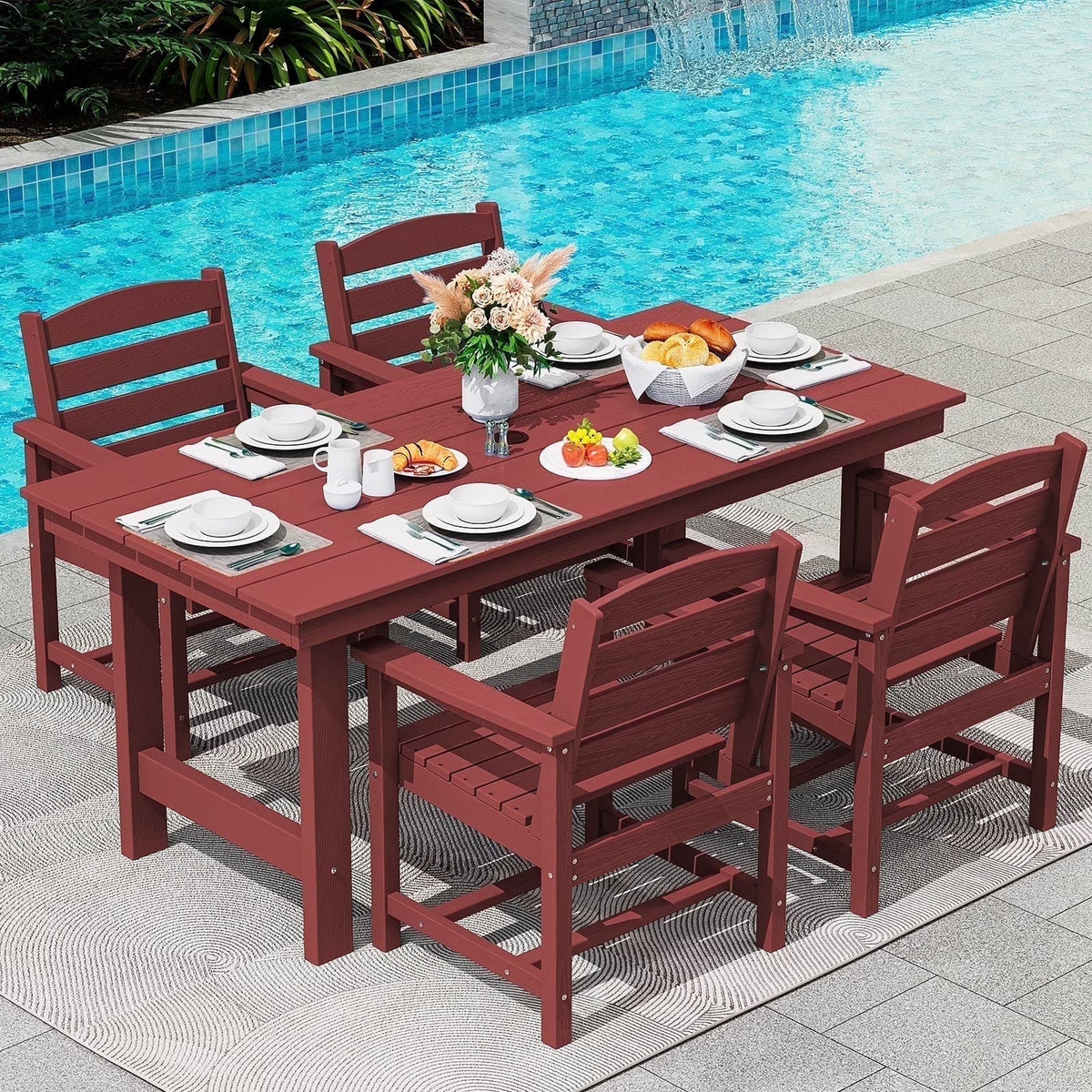 SERWALL Outdoor HDPE Dining Table Set, 7-Piece Outdoor Dining Table Sets with Umbrella Hole, Grey