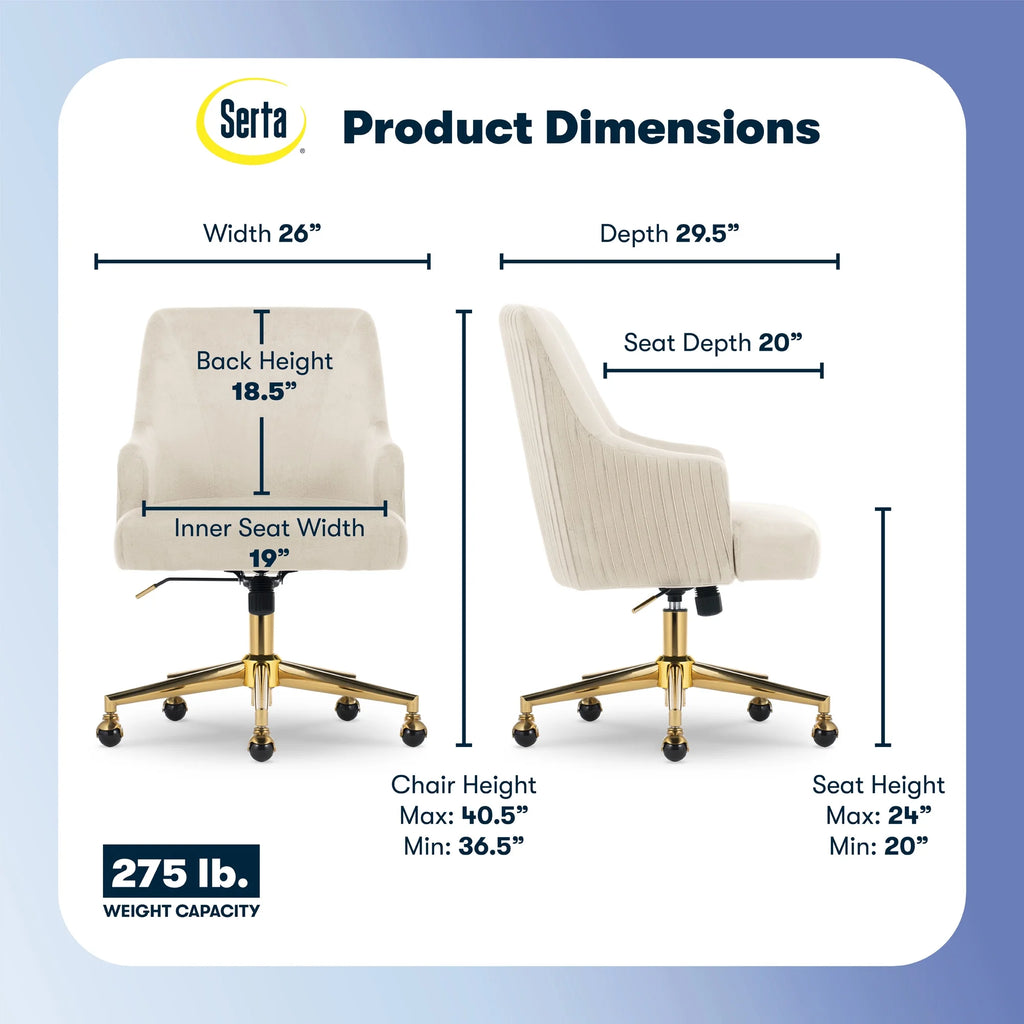 Serta Scarlett Modern Mid-Back Office Chair Velvet Fabric Gold Metal Base Beige