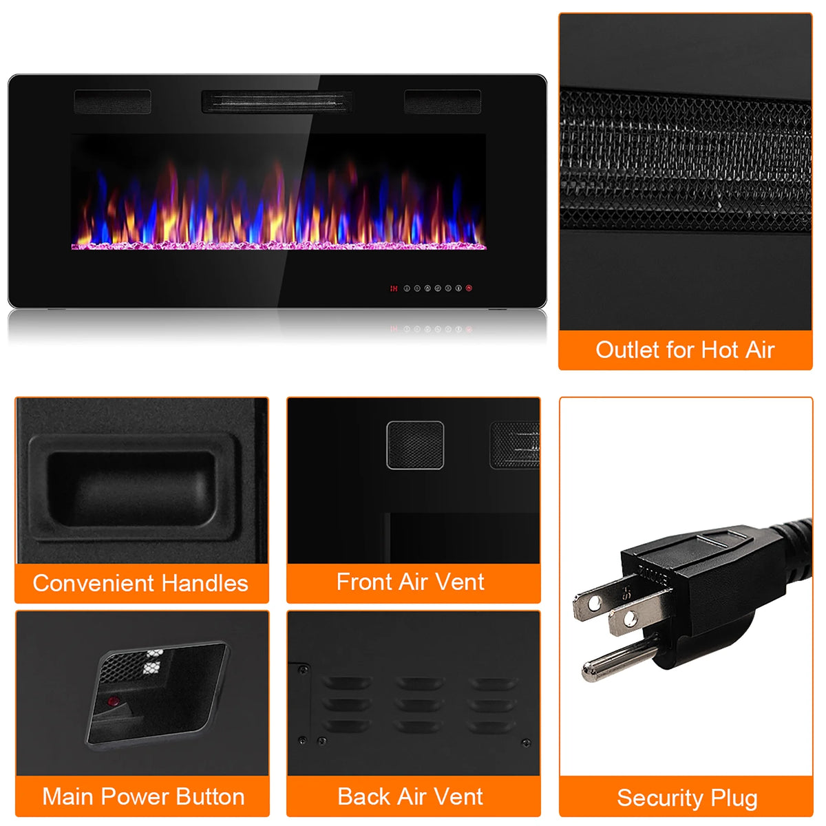 Costway 36'' Electric Fireplace Recessed Ultra Thin Wall-Mounted Heater w/Multicolor Flame