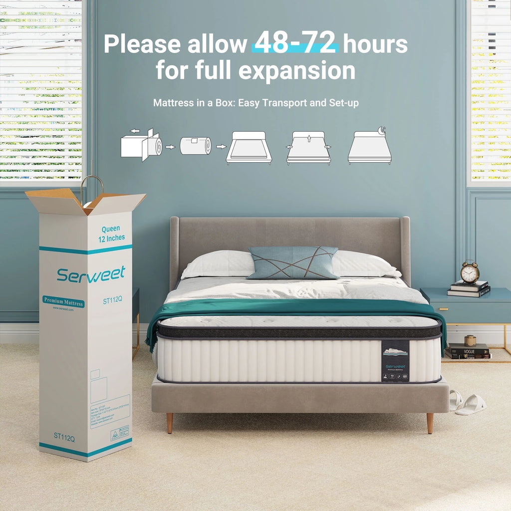 Sersper Queen Mattress, 12 Inch Pillow Top Hybrid Mattress Queen with Fiberglass Free, Gel Memory Foam, Breathable Bed Mattress for Cooler Sleep Supportive & Pressure Relief, Medium Firm