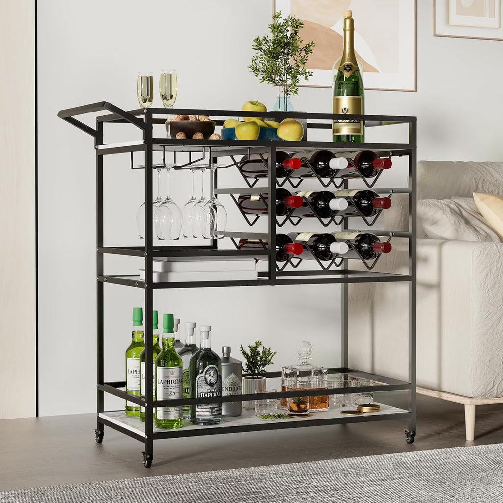 WHIFEA 3-Tier Home Bar Cart with Wine Rack, Mobile Serving Wine Cart on Wheels, Modern Rolling Drink Trolley for Coffee Tea Wine, Beverage Bar Table for Home Kitchen Party, Black