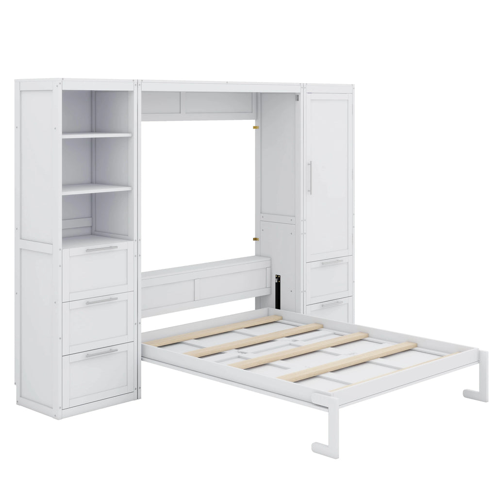 YunNianYang Queen Size Gray Murphy Bed Wall Bed with Closet ,Drawers and Shelves