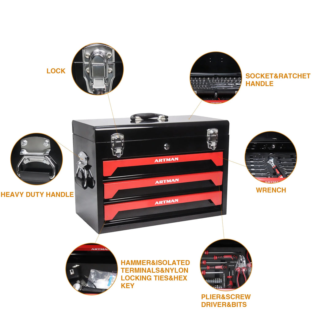 NIGSQJB Tool Set 439pcs with 3 Drawers Tool Box Organizer, Mechanic Tool Set for Home, Tool Box Set 4-Tier Socket Wrench Ratchet Plier Nails, Home Tool Set Mechanics Kit for Adults Man Handyman, Red