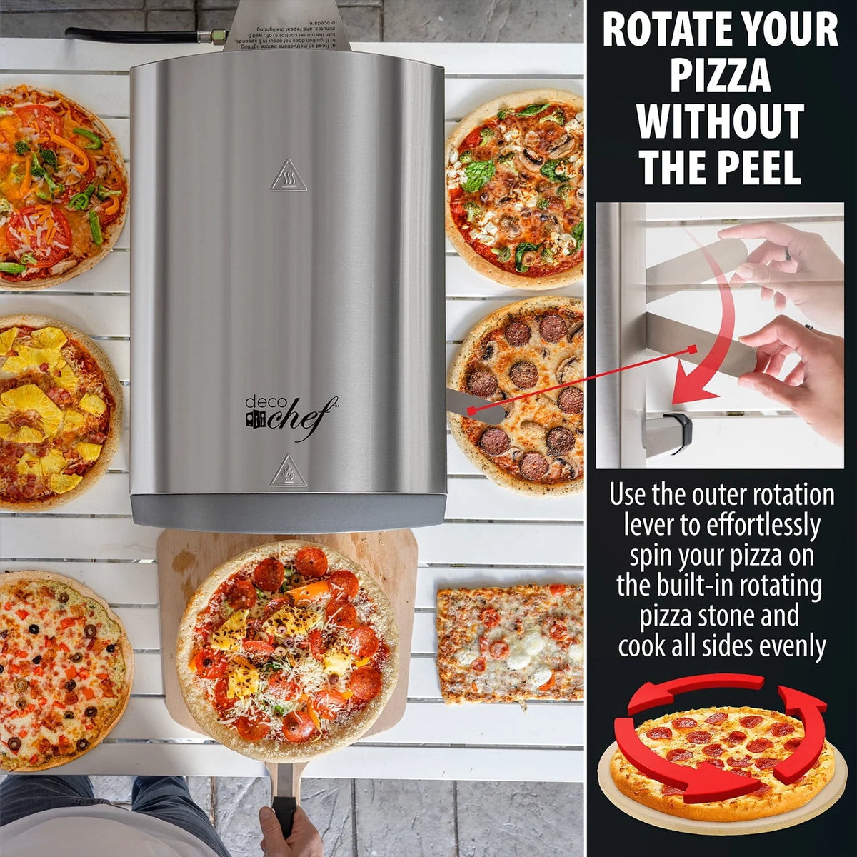 Deco Chef Outdoor Gas Pizza Oven, Portable Collapsable Design, Hassle-Free Self-Rotating Baking Stone, Accessories, Stainless Steel